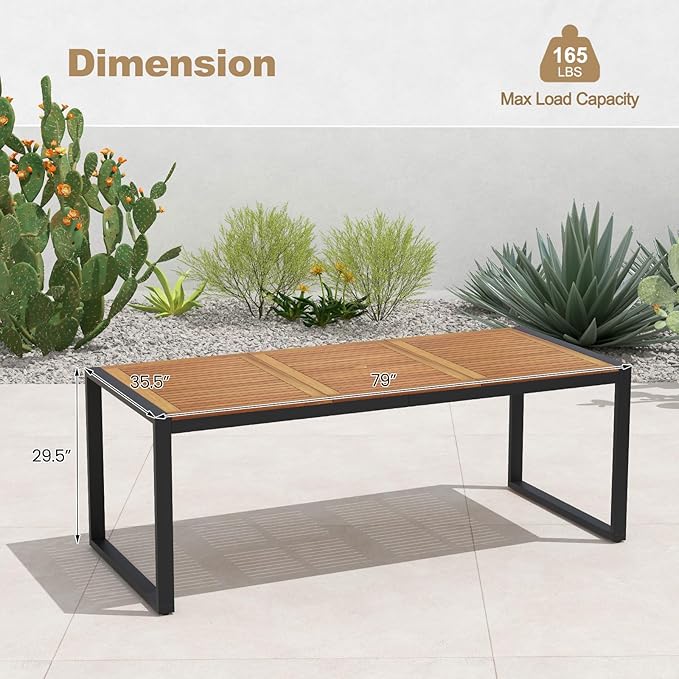 Tangkula 79 Inches Acacia Wood Outdoor Dining Table for 8, Large Rectangular Patio Table with 1.9" Umbrella Hole, Heavy Duty Metal Legs & Adjustable Foot Pads, Outside Table for Patio, Garden, Yard