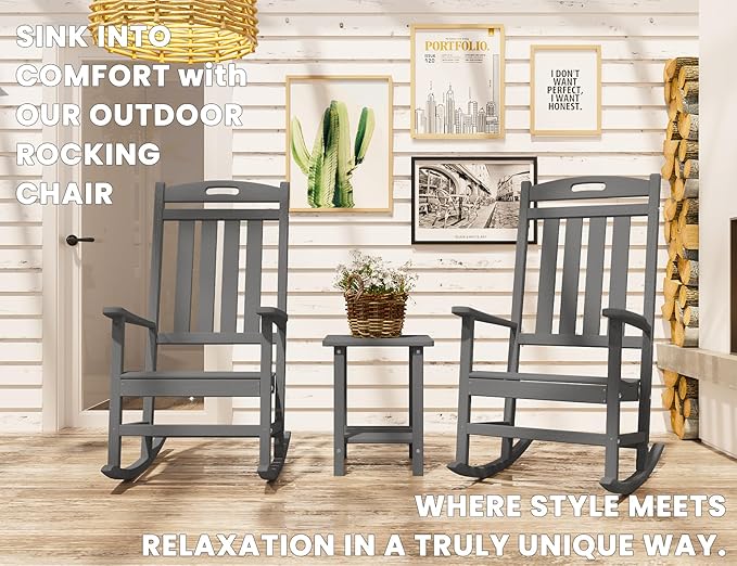 Outdoor Rocking Chair Set of 2, High Back HDPE Patio Chair, All Weather Porch Rocker, Lawn Chair for Deck, Porch, Backyard, Garden, Gray