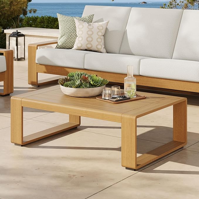 Modway Lirienne Aluminum Faux Wood Outdoor Coffee Table in Natural - 47 Inch Weather-Resistant Modern Rectangle Patio - Photo 2