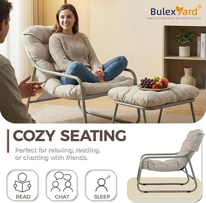 BULEXYARD 4" Thick Cushion Patio Lounge Chair, Heavy Duty Reading Chair with Ottoman, Breathable Mesh Outdoor Chair and Ottoman Set for Balcony Yard Garden Porch Poolside, Beige