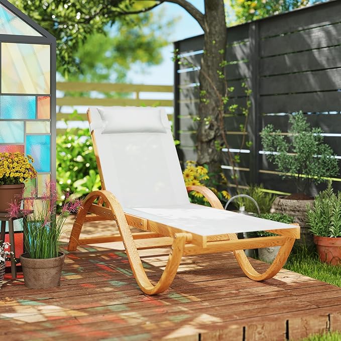 Outsunny Larch Wood Lounge Chair, 4-Level Adjustable Tanning Chair, Full Flat Patio Lounger with Mesh Seat - Photo 9