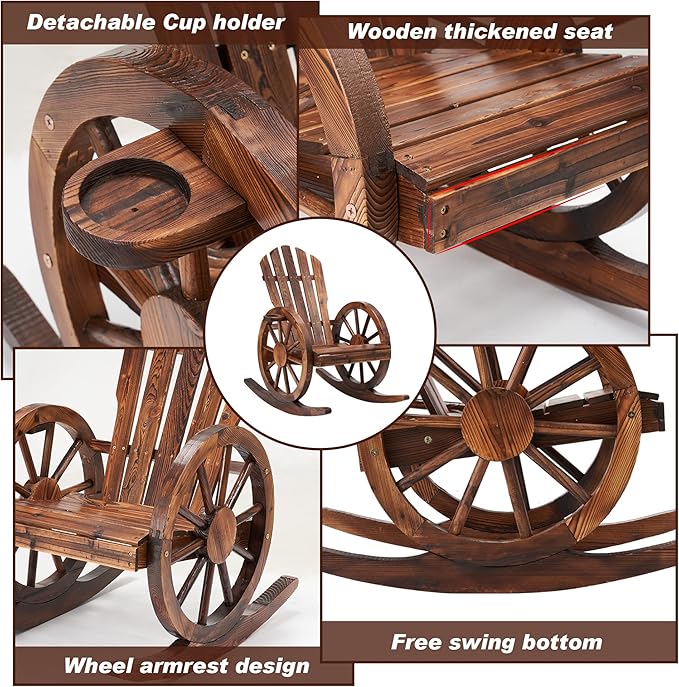 Spurgehom 3 Pieces Outdoor Wood Rocking Chair Set, 2 Patio Decor Yard Glider Rocking Chairs with 1 Side Table, Adirondack Rocking Chair for Porch Lawn Garden Balcony Poolside, Brown