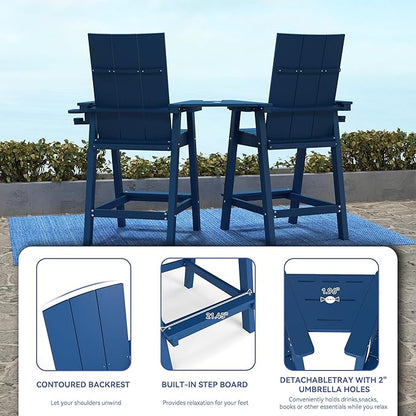 FOOWIN Tall Adirondack Chairs Set of 8,HDPE Adirondack Bar Stools with Connecting Tray & Cup Holders,Weather Resistant Balcony Chair for Outdoor Deck Lawn Pool Backyard Navy Blue