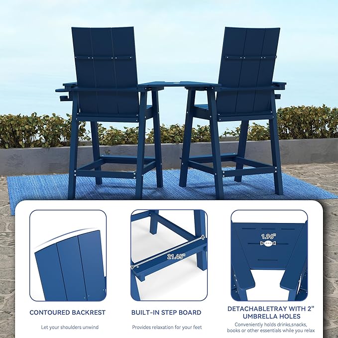 FOOWIN Tall Adirondack Chairs Set of 2,HDPE Adirondack Bar Stools with Connecting Tray & Cup Holders,Weather Resistant Balcony Chair for Outdoor Deck Lawn Pool Backyard Navy Blue