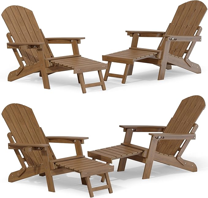 YEFU Adjustable Adirondack Chair with Footrest Set of 4, 5-Level Adjustable Adirondack Chair with Retractable Ottoman& Cup Holder, Folding Adirondacks Chairs Use for Outdoor, Pool, Fire Pit (Walnut)