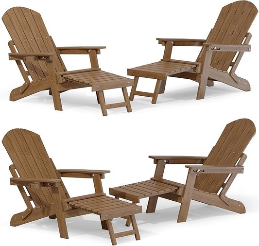 YEFU Adjustable Adirondack Chair with Footrest Set of 4, 5-Level Adjustable Adirondack Chair with Retractable Ottoman& Cup Holder, Folding Adirondacks Chairs Use for Outdoor, Pool, Fire Pit (Walnut)
