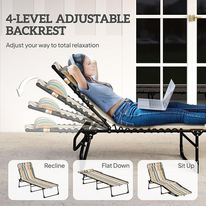 Outsunny Folding Chaise Lounge Chair, Patio Sun Tanning Chair, Outdoor Chaise Lounger with 4-Position Reclining Back, Breathable Mesh Seat for Beach, Poolside, Yard, Rainbow Striped