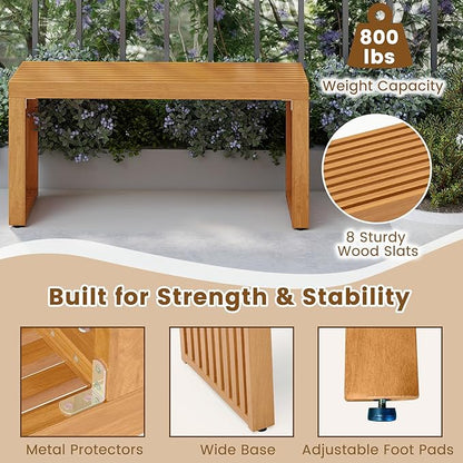 HAPPYGRILL Outdoor Acacia Wood Bench, Patio Bench with Slatted Seat & Metal Protectors, for Entryway Porch Backyard Park, 800 lbs (1)