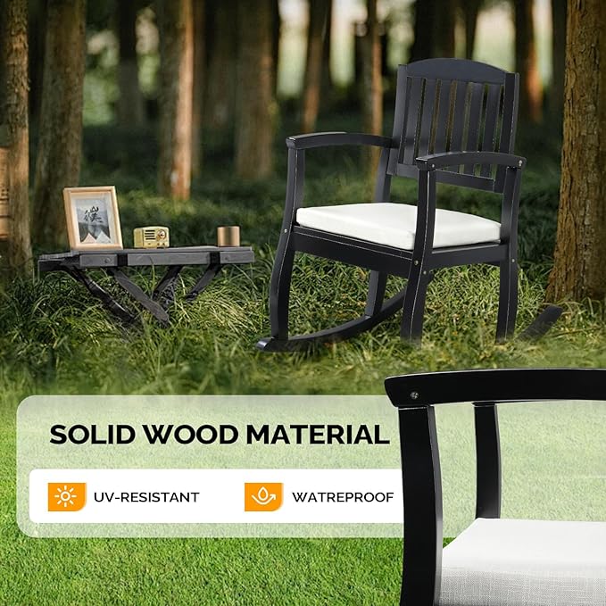 VINGLI Wooden Rocking Chair with Cushion,Outdoor Indoor Rocking Chair Supports Up to 450 lbs,Chair with Comfortable Backrest for Patio, Porch, Balcony (1, Black)