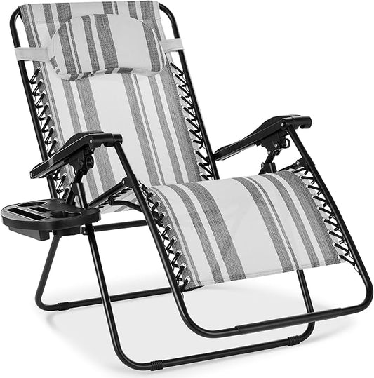 Best Choice Products Oversized Zero Gravity Chair, Folding Outdoor Patio Lounge Recliner w/Cup Holder Accessory Tray, Pillow - Gray Stripes