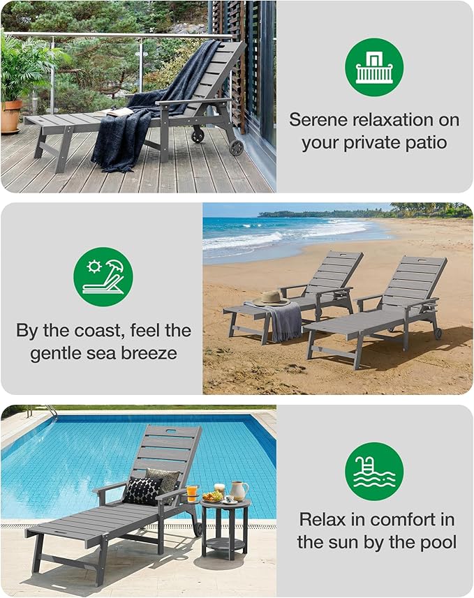 YEFU Lounge Chair Outdoor Set of 4: Outdoor Chaise Lounge with 5-Level Adjustable Backrest, Cup Holders & Wheels, All-Weather Resistance Chaise Lounge for Outside/Patio/Beach/Deck, Grey