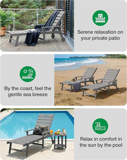 YEFU Lounge Chair Outdoor Chaise: Outdoor Chaise Lounge with 5-Level Adjustable Backrest, Cup Holders & Wheels, All-Weather Resistance Chaise Lounge for Outside/Patio/Beach/Deck, Grey