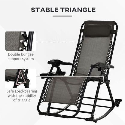 Outsunny Outdoor Rocking Chairs, Foldable Reclining Zero Gravity Lounge Rocker with Pillow, Cup & Phone Holder, Combo Design with Folding Legs, Gray