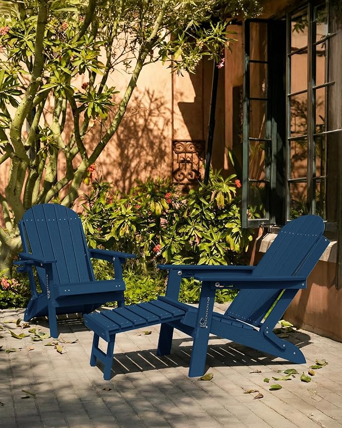 YEFU Adirondack Chair with Retractable Ottoman: Adjustable Folding Adirondack Chairs with Cup Holder - HDPE Plastic Outdoor Fire Pit Chairs Set of 8 - All Weather for Patio/Firepit/Outside/Pool(Navy)