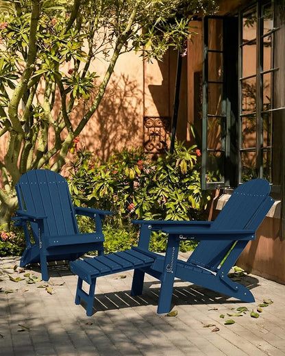 YEFU Adirondack Chair with Retractable Ottoman: Adjustable Folding Adirondack Chairs with Cup Holder - HDPE Plastic Outdoor Fire Pit Chairs Set of 8 - All Weather for Patio/Firepit/Outside/Pool(Navy)