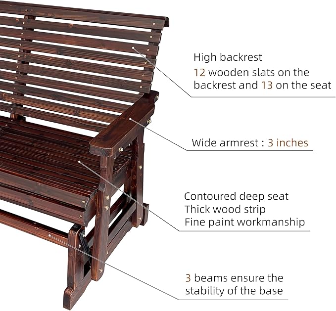 Fortune Candy Wooden Patio Glider with High Roll Back and Deep Contoured Seat, Solid Fir Wood, 2-Seater, Heavy Duty 800 LBS, 4 Feet (Rustic)