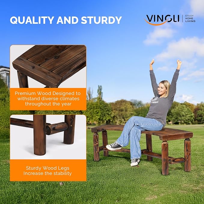 VINGLI Outdoor Bench Wooden Curved Bench, All-Weather Fire Pit Backless Patio Bench, 2-Person Seating Rustic Garden Bench for Backyard Porch Deck Entryway (Carbonized)