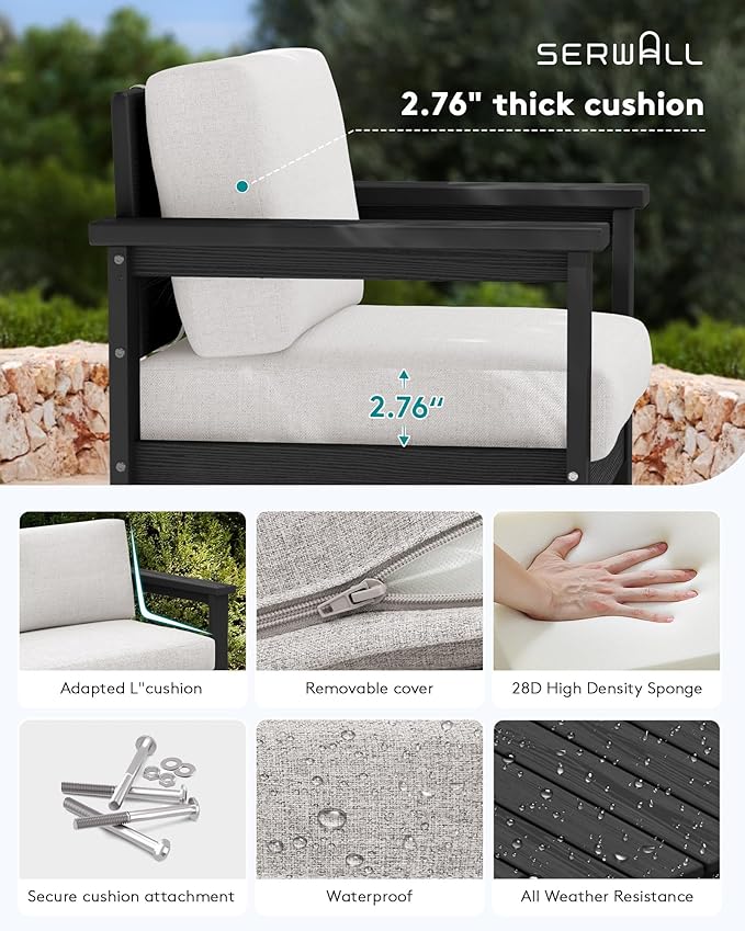 SERWALL 2 Pieces Single Cushioned Sofa Armchair, Black HDPE Adirondack Outdoor Sofa Lounge with Khaki Cushion - Photo 2