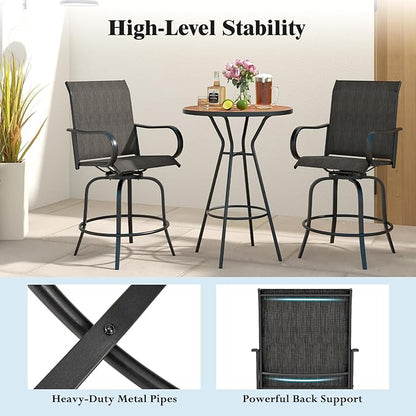 Tangkula Outdoor Swivel Bar Stools Set of 2, Bar Height Tall Patio Chairs with Armrests & High Back, Cozy Footrest & Solid Metal Support, High Top Bar Chairs for Backyard, Balcony, Poolside (1, Black)