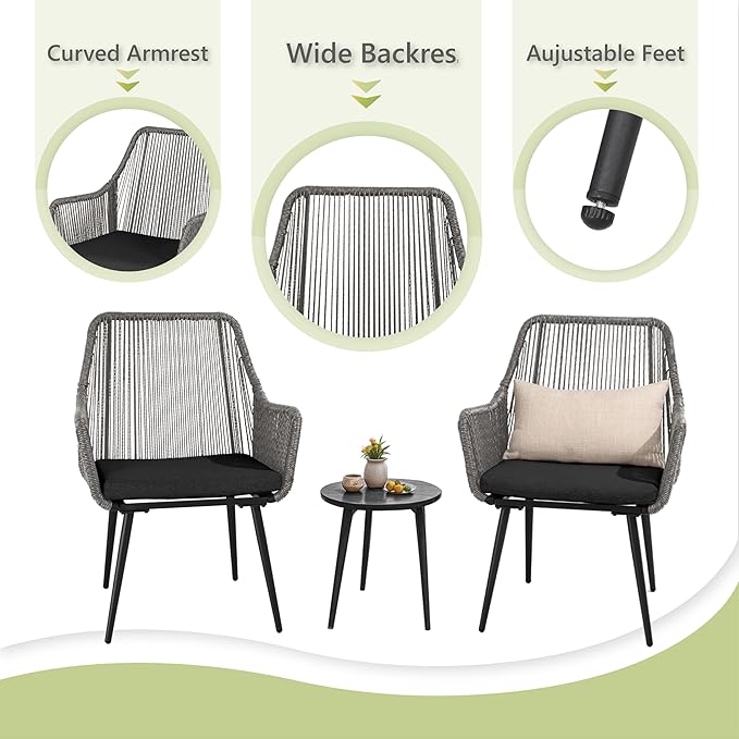 Patio Dining Chairs, Outdoor Dining Chairs with Armrest & Cushion Set of 2, All-Weather Woven Twisted Wicker Rattan Chair, Modern Indoor Outdoor Seating for Garden Lawn Backyard Grey