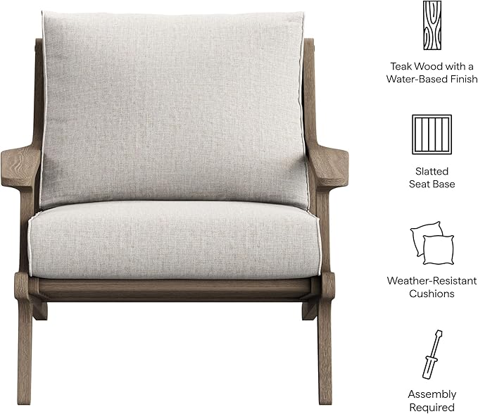 Modway Saratoga Teak Outdoor Lounge Chair in Pebble – Oversized Patio Accent Armchair with Wood Frame and Weather-Resistant Cushions