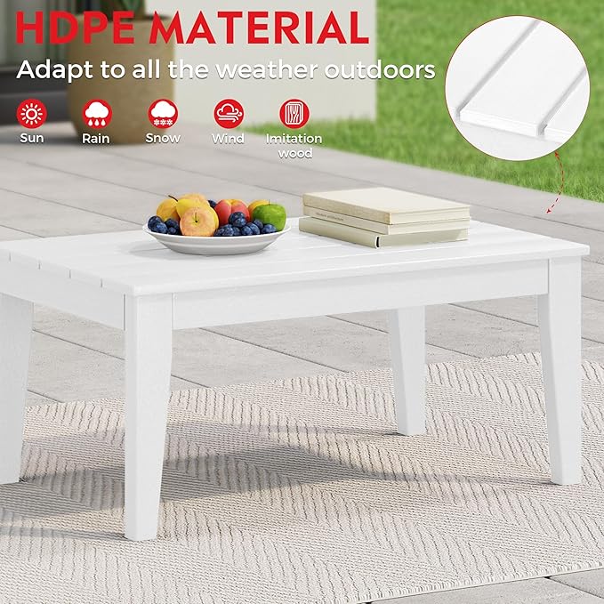 Costaelm Adirondack Outdoor Coffee Table, HDPE Outdoor Drink Table Weather Resistant, Patio Table Porch Table Accent Table Balcony End Table for Pool, Seaside, Backyard, White