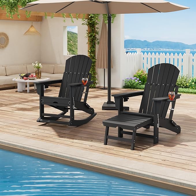 PeakPursuit Adirondack Outdoor Rocking Chairs with Two Cup Holders, HDPE All Weather Outdoor Adirondacks Rocking Chair with Retractable Ottoman