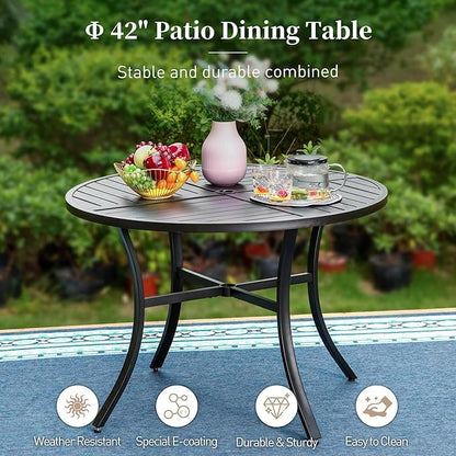 42" Round Patio Table for 4, Patio Dining Table with Umbrella Hole,E-Coating and Powder Coating Steel Frame Metal Outdoor Patio Table for Garden Backyard Lawn Yard