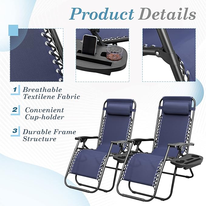 Flamaker Patio Zero Gravity Chair Outdoor Folding Lounge Chair Recliners Adjustable Lawn Lounge Chair with Pillow for Poolside, Yard and Camping (Deep Blue)