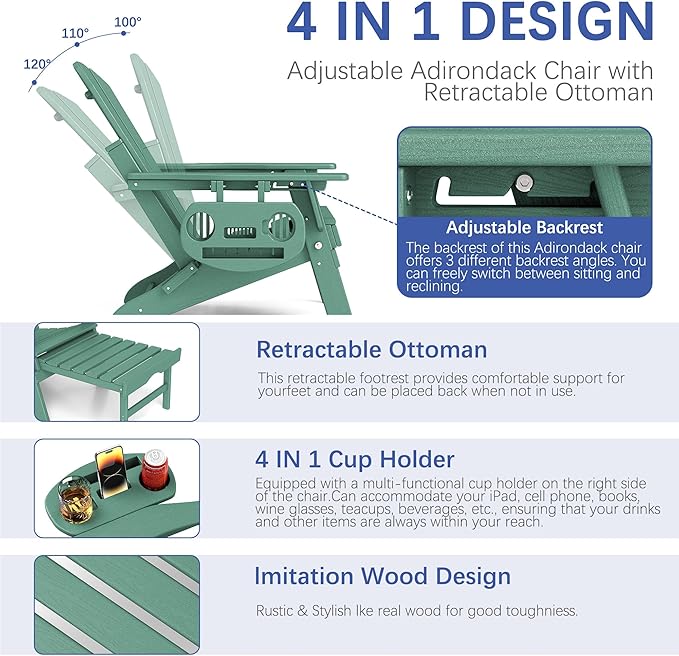 FOOWIN Adirondack Chair with Retractable Ottoman,HDPE Folding Adjustable Adirondack Chair w/4 in 1 Cup Holder Trays,All-Weather Resistant Fire Pit Chair for Outdoor Patio Lawn Set of 6