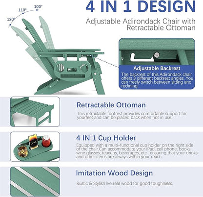 FOOWIN Adirondack Chair with Retractable Ottoman,HDPE Folding Adjustable Adirondack Chair w/4 in 1 Cup Holder Trays,All-Weather Resistant Fire Pit Chair for Outdoor Patio Lawn Set of 6