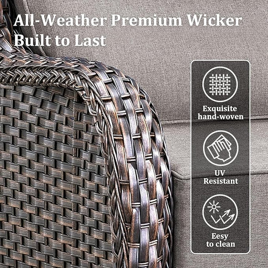 Luxury Outdoor Swivel Rocker Patio Chairs Set of 3, High Back Swivel Patio Chairs with Side Table & 6-Inch Thick Cushions, Wicker Outdoor Bistro Set for Porch, Yard, Deck, Poolside, Brown/Grey