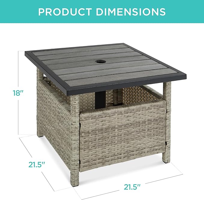 Best Choice Products Wicker Side Table with Umbrella Hole, Square PE Rattan Outdoor End Table for Patio, Garden, Poolside, Deck w/UV-Resistant Frame, Storage Space - Gray