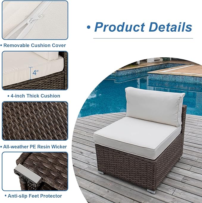 COSIEST Outdoor Furniture Add-on Armless Chair for Expanding Wicker Sectional Sofa Set w Off White Thick Cushions for - Photo 5