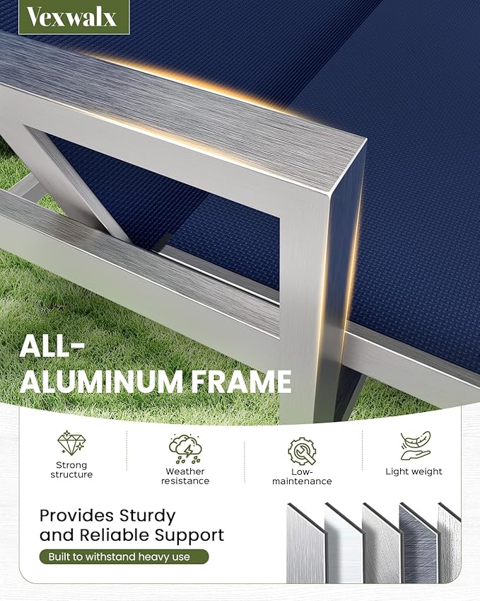 Patio Chaise Lounge Chair Outdoor with Wheels&Armrests, Aluminum Pool Lounge Chairs 5-Position Adjustable Recliner, Outdoor Beach Lounge Chairs for Poolside, Patio, Deck, Yard, Navy Blue