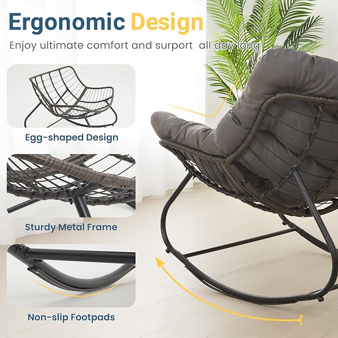 Wisteria Lane Patio Rocking Chair with Ottoman, Outdoor Indoor Rocking Egg Chair with Cushions - Photo 5