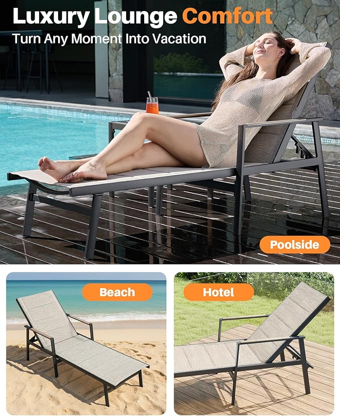 Outdoor Chaise Lounge, Never-Rust Aluminum Patio Lounge Chair, Double-Layer Textilene Pool Lounge Chair with 6-Position Adjustable Backrest, Sunbathing Lounger for Beach, Poolside, Deck, Yard