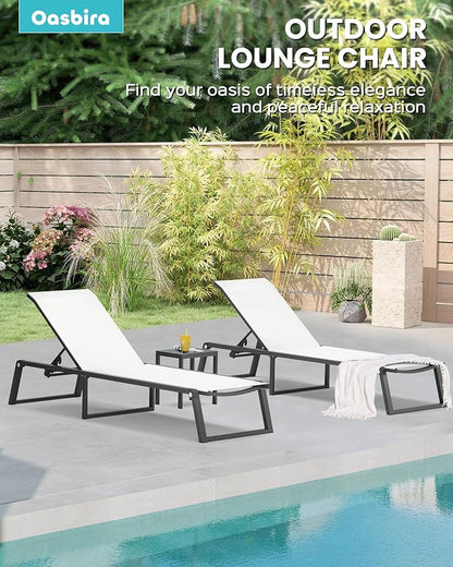 Aluminum Chaise Lounge Chair Outdoor, Foldable & Assembly Free Patio Pool Lounge Chairs 5-Position Recliner for Outside Poolside, Fully Grounded Legs Sun Lounger for Beach, Yard, Bright White