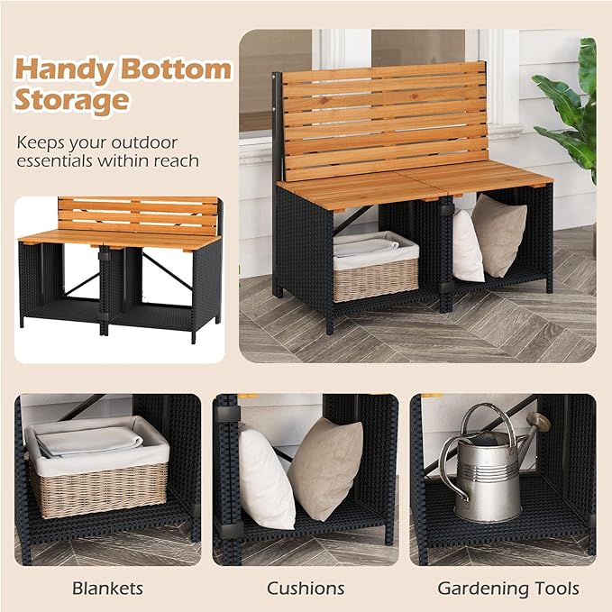 HAPPYGRILL 2-in-1 Outdoor Storage Bench Convertible Picnic Table and Chairs Set with Metal Frame, Acacia Wood Rattan Patio Loveseat for Garden, Backyard, Porch, Deck