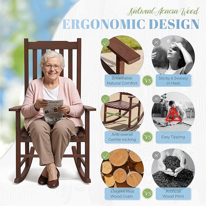 Flamaker Acacia Wood Patio Rocking Chair Set of 2, High Back and Widen Armrest for Adults, Solid Wood Porch Rocking Chair for Lawn, Garden, Backyard (Brown)