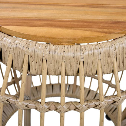Merax Bohemian Round Outdoor Side Table with Acacia Wood Top and Wicker Base, Boho Rattan Coffee Table for Garden, Pool, Deck, Balcony, Yard, Patio, Light Brown