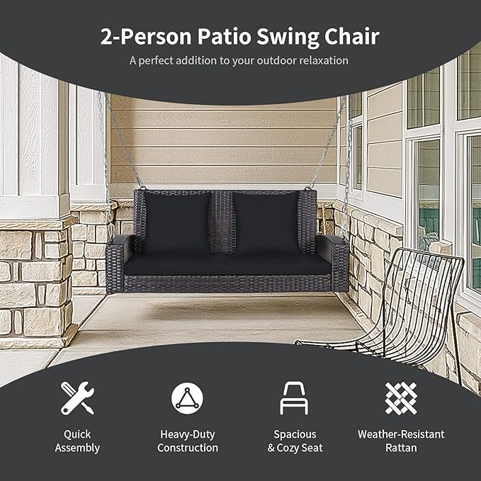 RELAX4LIFE Porch Swing 2-Seat Patio Rattan, Wicker Porch Swings Outdoor W/Two 7.9 Ft Solid Steel Chain - Photo 5