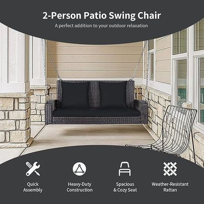 RELAX4LIFE Porch Swing 2-Seat Patio Rattan, Wicker Porch Swings Outdoor W/Two 7.9 Ft Solid Steel Chain, Comfortable Back & Seat Cushions, for Front Porch, Garden, Backyard Patio Swing (Black)