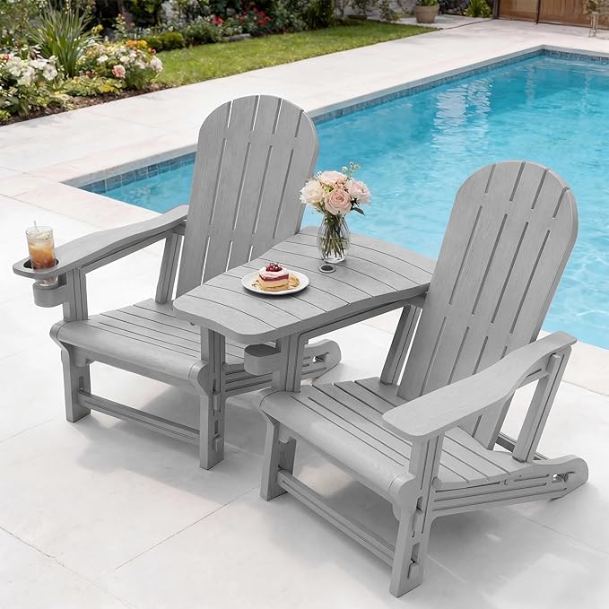 Vongrasig Adirondack Chairs Set of 2 with Removable Tabletop, All-Weather HDPE Outdoor Chair Set with Wooden Textured, Cup Holder for Patio, Poolside, Deck, Garden, Light Grey