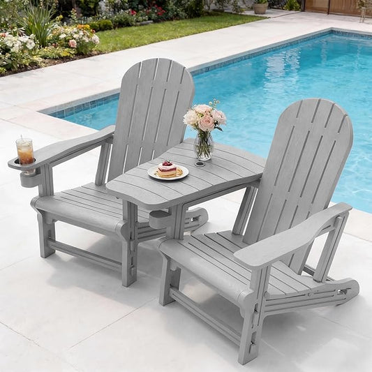 Vongrasig Adirondack Chairs Set of 2 with Removable Tabletop, All-Weather HDPE Outdoor Chair Set with Wooden Textured, Cup Holder for Patio, Poolside, Deck, Garden, Light Grey