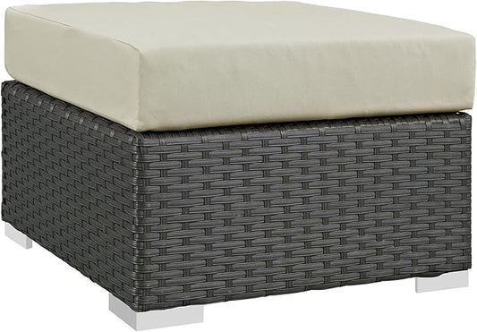 Modway EEI-1855-CHC-BEI Sojourn Wicker Rattan Outdoor Patio Coffee Table, Ottoman, Canvas Antique Beige