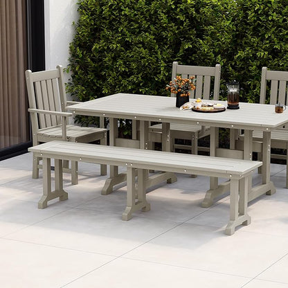 WestinTrends Malibu 65" Outdoor Dining Bench, All Weather Resistant Poly Lumber Patio Garden Bench Trestle Long Bench for Both Outdoor and Indoor, Sand