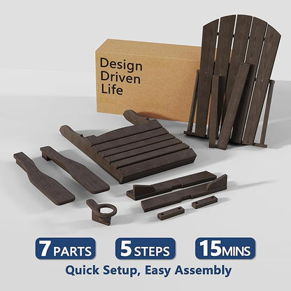 Folding Adirondack Chair Set of 2 with Cup Holders, HDPE All Weather Resistant Plastic Outdoor Patio Chairs, Heavy Duty Fire Pit Seating for Backyard Lawn Garden, Wooden Textured(Coffee)