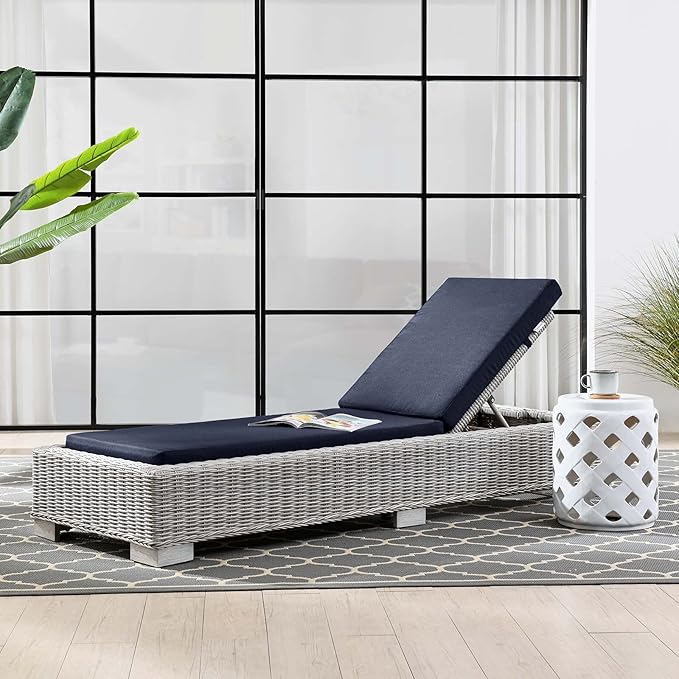 Conway Outdoor Patio Wicker Rattan Chaise Lounge in Light Gray Navy - Photo 2
