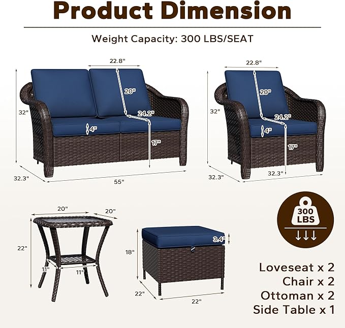 6 Piece Patio Wicker Conversation Set, All-Weather Use Outdoor Wicker Loveseat with 2 PE Rattan Ottomans, 2 Chair - Photo 2
